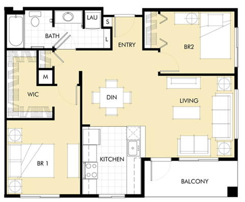 Floor plan for 2 beds, 1 bath